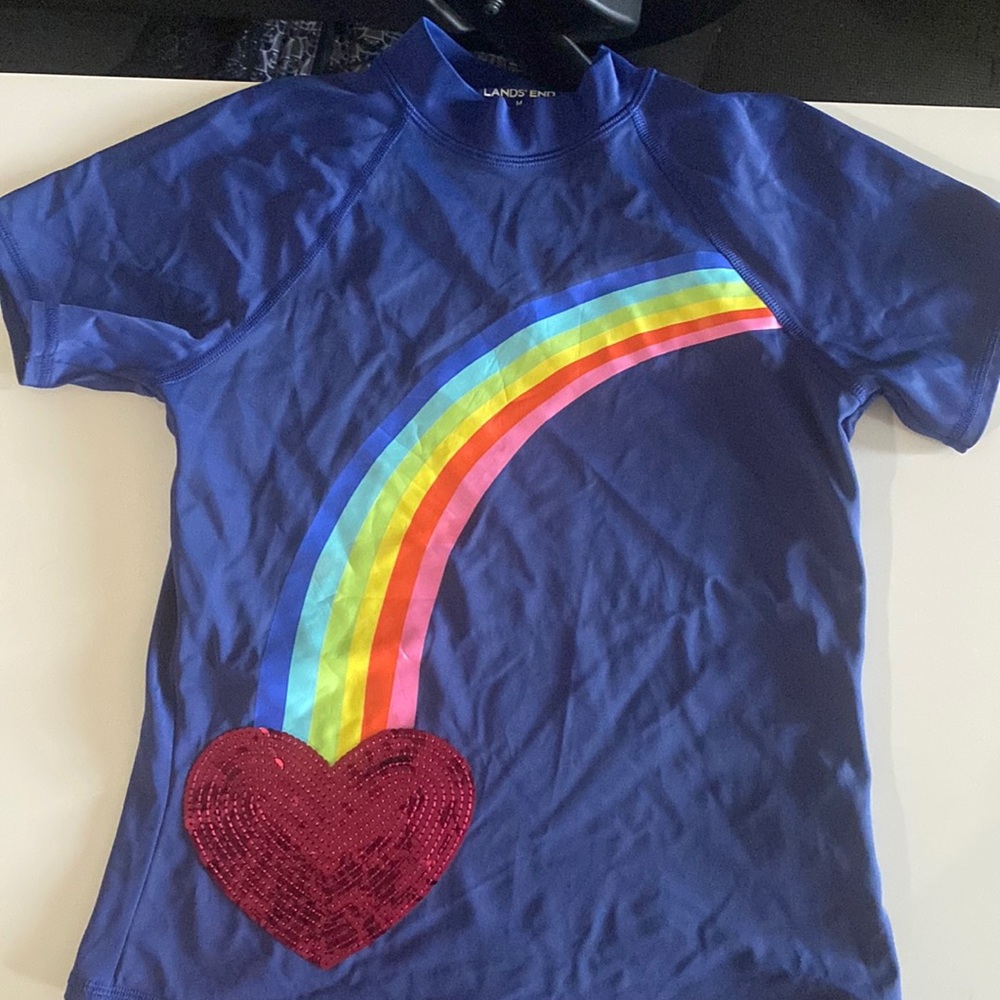 4/$12 or $5 each Lands End Rash Guard! Blue with Rainbow Pink Sequin Heart Sz M